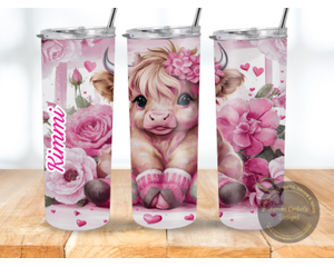 Pink Highland cow tumbler, Cute floral cow mug, Rustic farm-themed tumbler
